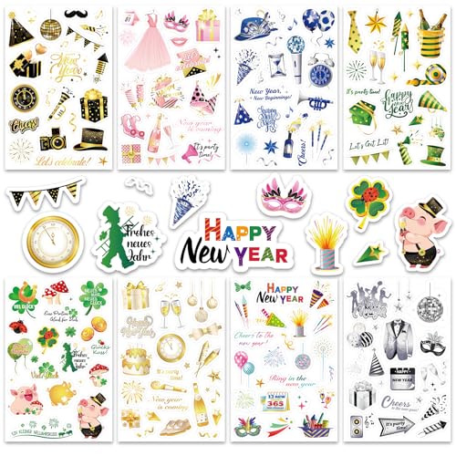 DPKOW 24 Blatt Neujahr Sticker Set, Glücksbringer Silvester Sticker Aufkleber Frohes neues Jahr Viel Glück Sticker Glücksbringer Glücksschwein Kleeblatt Sticker zur Scrapbook Bullet Journal Fotoalbum