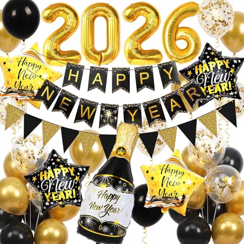 Silvester Deko 2026, Happy New Year Banner und 2026 Folienballos, Schwarze und Goldene Silvester Ballons, Neujahrsdeko, Silvesterpartydeko Accessoire für Silvesterparty