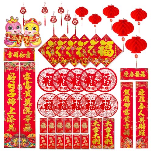50 Stück chinesische Neujahrsdekorationen, 2024 Drachenjahr Luna Neujahr chinesische Paare rote Laternenumschläge Fu Papier Fensteraufkleber Ornamente Türaufkleber für chinesische Frühlingsfest Party