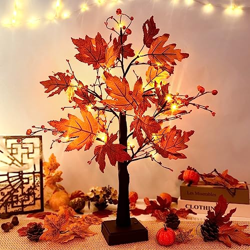ACAREY Herbstdeko Ahornblatt Baum Lichter, 61cm Herbst Dekoration Lichterbaum Für Innen mit Timer, Herbst Deko Lichterbaum Herbstblätter Kürbis Deko Für Tisch Halloween Herbstdeko Zum Aufhängen