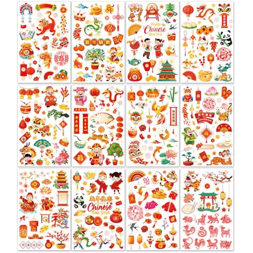 DPKOW 24 Bögen Sticker Chinesisches Neujahr Fotoalbum Aufkleber für DIY Basteln Geschenk Chinesisches Neujahr Scrapbook Bullet Journal Stickers Deko Chinese New Year Aufkleber