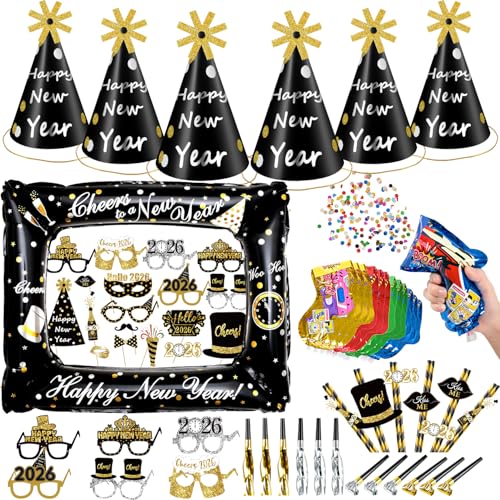 iZoeL Silvester Deko 2026 Party Set Neujahr Partyhüte Silvesterparty Fotorequisiten Konfettikanone Party Trinkhalme Feier Partytröten Schwarz Gold deko