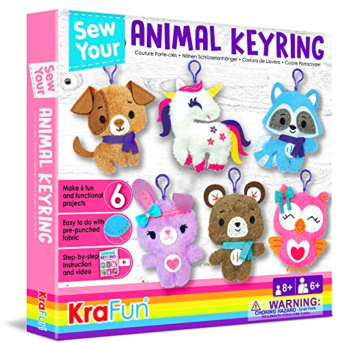 KRAFUN Einhorn-Näh-Schlüsselanhänger-Set für Kinder im Alter Lernen Kunst und Handwerk, inklusive 6 Stofftierbären, Hund, Kaninchen, Waschbär, Eulenpuppen, Anleitung und Filzmaterialien