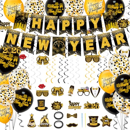 Silvester Deko 2026 XXL Set, Happy New Year Deko, Silvesterdeko mit Girlande, Folienballons, Latexballons, Fotorequisiten, Luftschlangen & Konfetti Ballons für Silvesterparty – Neujahrsdeko,Party Set