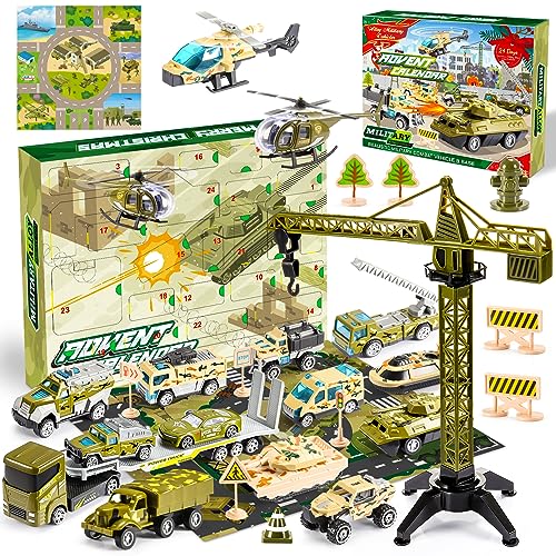 Adventskalender Kinder 2023, Adventskalender Spielzeug Weihnachtskalender Kinder 3-8 Jahre Weihnachten Geschenk Junge 2-10 Jahre Auto Militär Cars Spielzeug ab 2 3 4 5 6 7 8 9 Jahre Junge