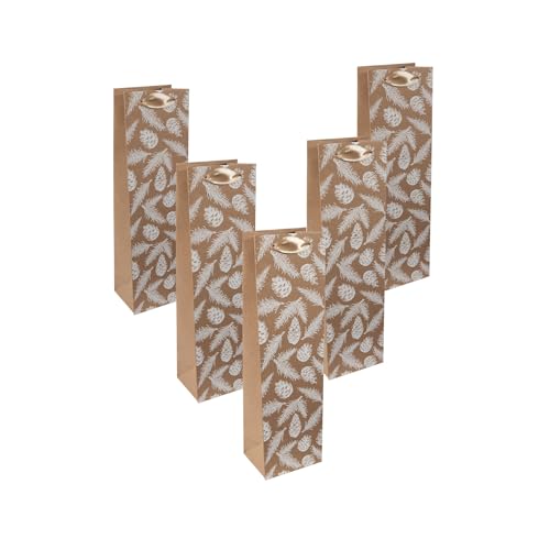 Sigel GT132/5 Flaschen-Geschenktüten aus Papier, 5er Set, braun/weiß, mit Seidenbandgriffen, 10 x 35 x 8 cm, Pine cones and pine branches, Papier-Geschenktaschen Weihnachten