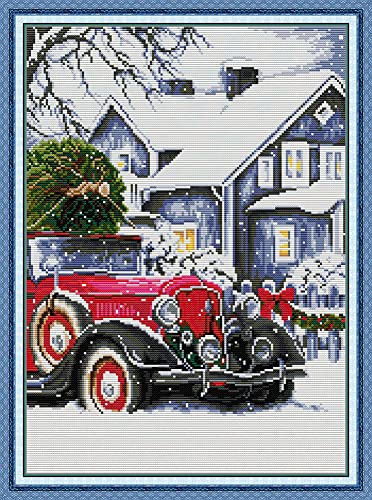 OWN4B Kreuzstich Stickpackungen Vorgedruckt, Weihnachten steht vor der Tür Bilder 11CT 17,3x23,2 Zoll DIY Stickpackung Set (Winter)