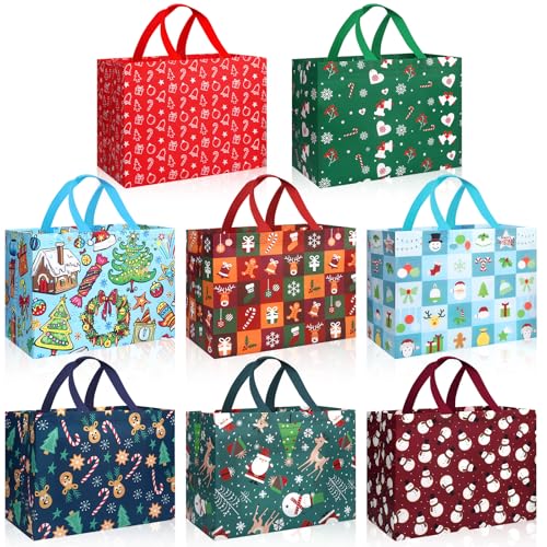GOMANCHE 8 Pcs Geschenktüten Weihnachten Groß mit Griffen, wiederverwendbare Non-Woven Weihnachten Einkaufstaschen für Xmas Geschenke Verpackung Urlaub Party Supplies, 32,5 × 25 × 17cm