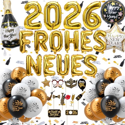Silvester Deko 2026,Schwarz Gold Neujahr Deko 2026 Happy New Year Banner,Neujahr Deko 2026 Set,Neujahr Silvesterdeko,Happy New Year Girlande,Folienballons für eine unvergessliche Silvesterparty