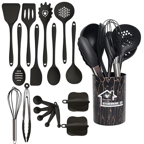 18 Stück Küchenhelfer Set,Silikon Küchenhelfer Set,Kochutensilien Kochbesteck Set mit Non-stick Heat-Resistant Silicone Kitchen Utensils (Schwarz)
