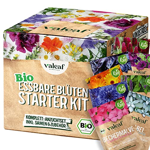 valeaf BIO Essbare Blüten Starter Set I Anzuchtset mit Essbare Blumen Saatgut I Bio Blumensamen für Blüten essbar I Blumen Samen Anzuchtset I Blumen Samen Starter Kit Saat I Blumensamen Geschenk