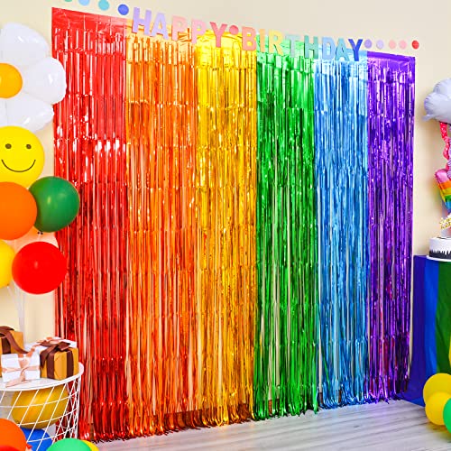 LOLStar Regenbogen Fasching Party Dekorationen, 2er Pack Karneval deko 1 x 2 m Regenbogen Fastnacht Folien Fransenvorhänge, Lametta, metallische Luftschlangen, Urlaub, Fotokabinen Requisiten