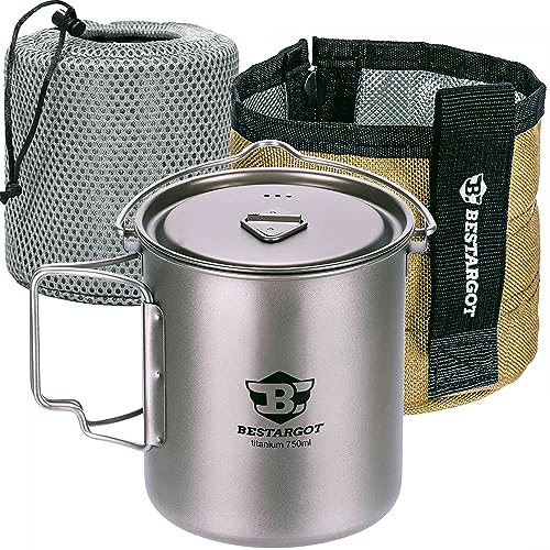 Bestargot 750ml Titan Becher & Tasse, Ultraleichtes Camping Topf Geschirr Set, Faltbarer Outdoor-Topf mit Isolierbeutel für Trekking, Wandern, Solo-Camping & Bushcraft