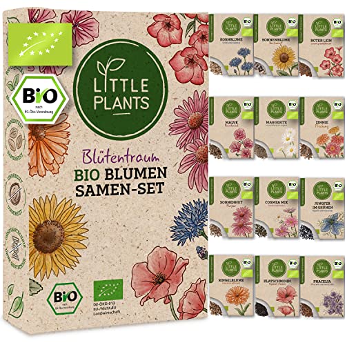 Little Plants Blumensamen Set - 12 Sorten BIO Samen Blumen - 100% natürlich & extra viele Blumenwiese Samen - BIO Saatgut für Blumenwiese - Nachhaltiges Pflanzen Samen Set mit Wildblumensamen
