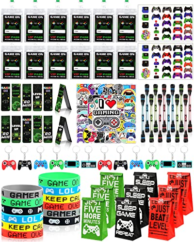 Videospiel Party Mitgebsel, 124 Stück Mitgebsel Kindergeburtstag Gastgeschenke Spiel Partyzubehör mit VIP Pass Fahrkarte, Silikon Armbänder, Schlüsselbund und Tattoo Kinder, Gamer Geschenk für Junge