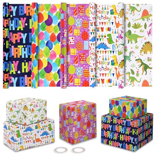 HAMOHTE Geschenkpapier Geburtstag Kinder 5 Rollen, 43 cm x 300 cm Geschenkpapierrollen Junge, Recycelbar Geschenk Papier Erwachsene, Birthday Gift Wrapping Paper für alle Geburtstagsanlässe