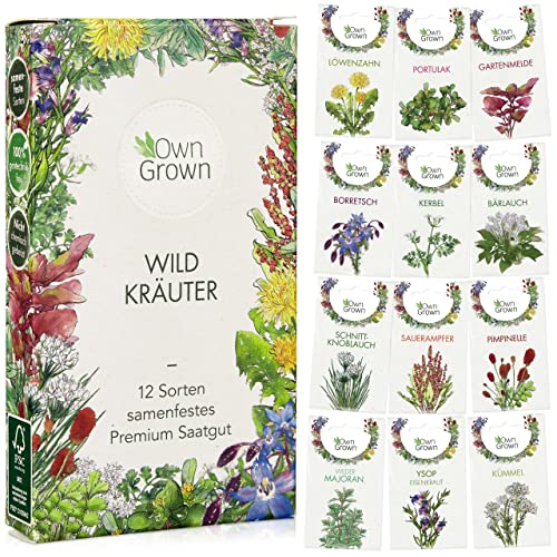 Wildkräuter Samen Set: 12 Sorten Wildkräuter Saatgut für Balkon u. Garten – Bärlauch Samen, Portulak Samen, Schnittknoblauch Samen, Sauerampfer Samen, Löwenzahn Samen – Kräuter Samen, OwnGrown Kräuter
