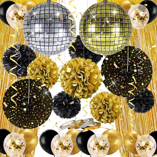 Syoulin Party Dekoration Set, geburtstag deko，silvester deko，Lametta Vorhang Gold Glitzer,Disco Luftballons, Papier Pompoms Blumen，35Stück Schwarz Gold Party Deko