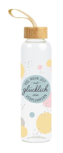 Grafik-Werkstatt Trinkflasche aus Glas mit lustigem Spruch | mit Griffschlaufe | 550 ml | Glücklich sein, Bunt