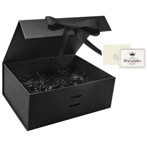 HOTUT Schwarz Magnetische Geschenkbox mit Deckel, 22x16.6x8.6cm Geschenkboxen für Presents, Geschenkverpackung Box mit Schleife, Raffia & Grußkarte für Hochzeiten, Weihnachten, Geburtstage, Jubiläen