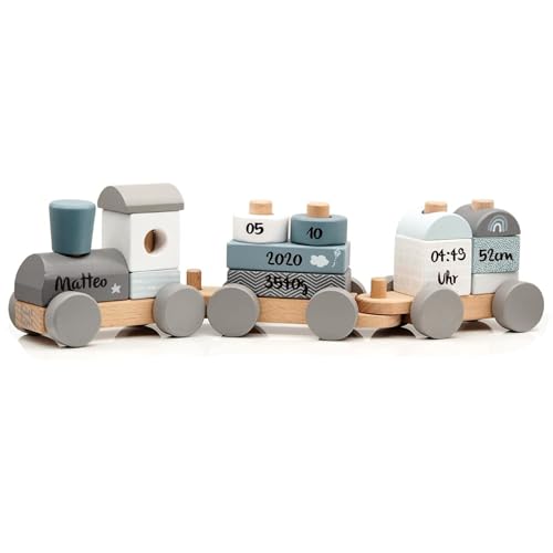 Personalisierte Holzeisenbahn blau - Personalisierte Geschenke Baby I Steckspielzeug I Geschenk zur Geburt Junge I Holzzug mit Name & Geburtsdaten - Label Label