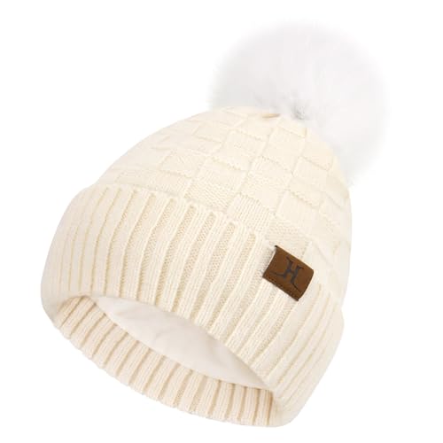 ZASFOU Damen Winter Mütze Beanie mit Fleecefutter Warme Plaid Pompom Wintermütze Thermo Strickmütze Mützen für Frauen Geschenk