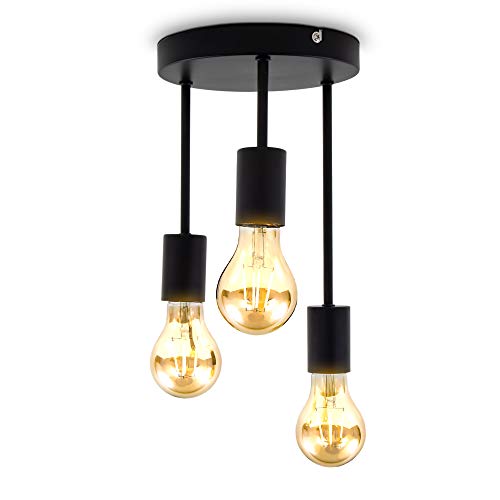 B.K.Licht - Deckenlampe mit E27 Fassung, max. 60 Watt, Vintage, Deckenleuchte, Lampe, Wohnzimmerlampe, Schlafzimmerlampe, Küchenlampe, Deckenbeleuchtung, Retro, Flur, 19x31 cm, Schwarz
