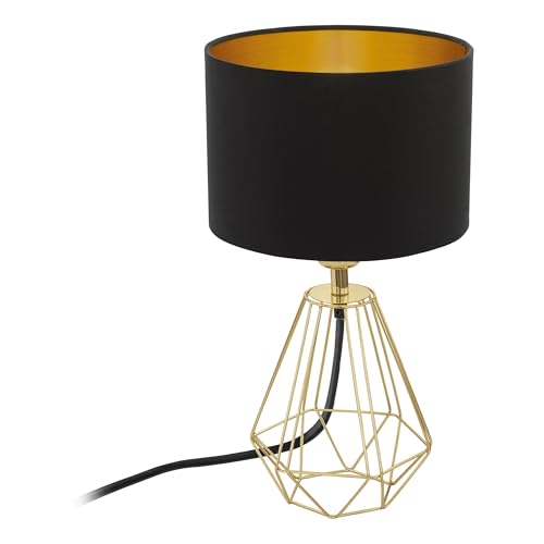 EGLO Nachttischlampe Carlton 2, Deko Tischlampe Vintage, Retro Lampe aus Metall und Stoff in Gold und Schwarz, E14