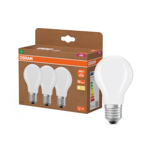 Osram Hocheffiziente LED Lampen mit Energieeffizienz Klasse A, Vorteilspack mit 3 Leuchtmittel, ersetzt herkömmliche 60W Glühbirnen, Birnenform, warmweiß(2700K), E27, mattes Glas