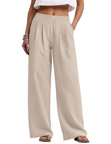 Rapbin Khaki Baumwoll Leinen Hose Damen Gerades Modell Mit Taschen L | Atmungsaktiver Stoff, Tiefe Taschen, Elastischer Bund für Ganztägigen Komfort, Pflegeleicht, Vielseitig für Strand und Büro