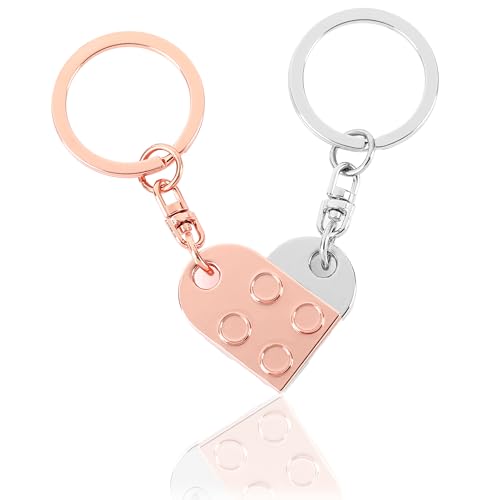 CraftWerk Schlüsselanhänger Herz 2er Set mit magnetischer Bindung - Baustein Anhänger mit Geschenkbox zum Valentinstag, Weihnachten oder Geburtstag (Rosé/Silber)