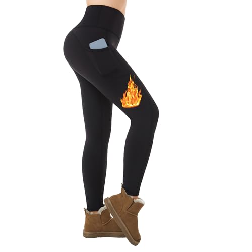 ineepor Thermo Leggings Damen Thermoleggings Damen Winter Gefüttert Leggins mit Fleece Outdoor wasserdichte Taschen Hohe Taille Yoga Sport