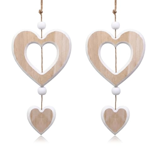 2 Stück Herz Fensterdeko Hängend Herz Deko Holz Anhänger Hängende Holzherzen Deko Fenster Zum Hängen für Wohnzimmer Hochzeit Valentinstag