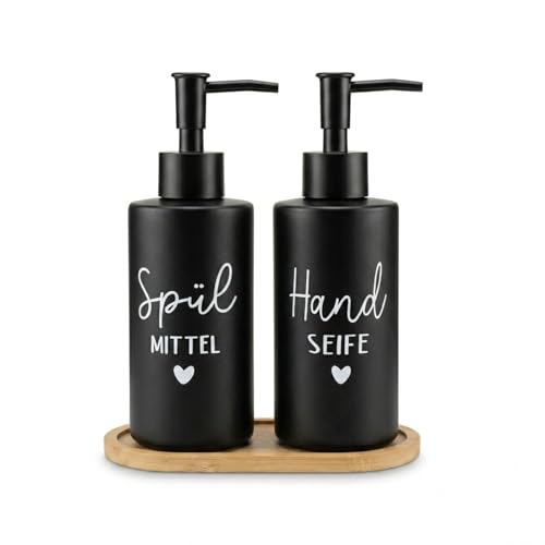 Seifenspender Set Glas schwarz matt 2 Stück, 350ml - Seifenspender Küche & Bad, Spülmittel Spender (Rund)