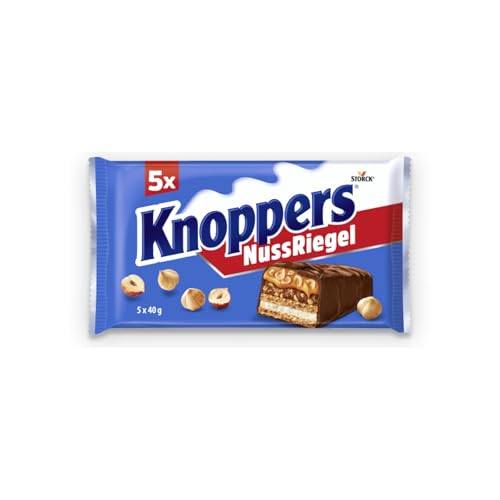 Knoppers NussRiegel – 1 x 200 g (5 Riegel) – Schokoriegel mit Milch- und Nougatcreme, Haselnüssen, Karamell und Vollmilchschokolade