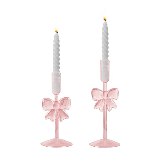 Deko Wohnzimmer Schleife Kerzenständer, Vintage Rosa Kerzenhalter Stabkerze aus Glas, Frühlingsdeko Tisch Kerzenleuchter, Schleife Kerzen Ständer für Party, Hochzeit, Geburtstag, Balkon Deko (2PCS)