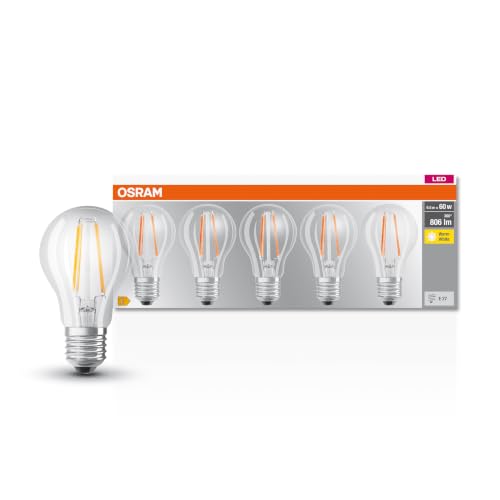 Osram LED Base Classic A Lampe, Sockel: E27, Warm White, 2700 K, 7 W, Ersatz für 60-W-Glühbirne, klar, 5er Packung