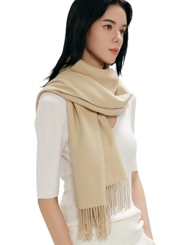MaaMgic Schal Damen Warm Winter Herbst unifarben Baumwolle mit quasten/fransen, 20+ Farben Einfarbig & Kariert Pashmina Stola Schals MEHRWEG,Creme Braun