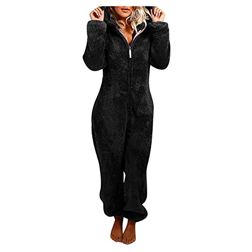 EMATOP Jumpsuit Damen Kuschelig Einteiler Overall Lange Warm Schlafanzug Teddy Fleece Schlafoverall Winter Flauschig Onesie Einfarbig Plüsch Hausanzug mit Kapuze Pyjama Anzug Ganzkörperanzug
