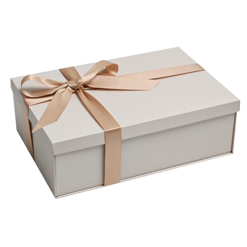 BloomWrap Elfenbein Geschenkbox mit Deckel 30 x 20 x 10 cm, faltbare magnetische Präsentbox mit Band, Karte & Geschenkanhänger für Geburtstag Hochzeit Weihnachten