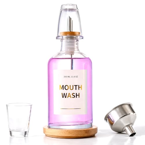 RANJIMA Mundspülspender für Badezimmer, Glas Mundwasser Spender mit 304-Edelstahldüse und Bambus-Tablett, Wiederverwendbares Mundspülspender-Set mit Tassen, Ideal für Kinder und Erwachsene 350ML