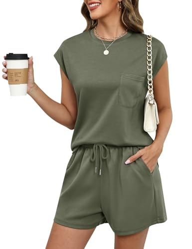 Rapbin Zweiteiler Damen Trainingsanzug Set Sportlicher Olivgrün Jogginganzug Leichter Loungewear Sommer Outfit mit Kurzarm T-Shirt & Shorts Militärgrün M