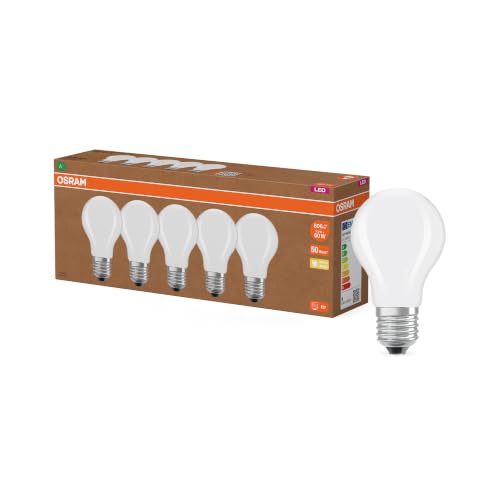 Osram Hocheffiziente LED Lampen mit Energieeffizienz Klasse A, Vorteilspack mit 5 Leuchtmittel, ersetzt herkömmliche 60W Glühbirnen, warmweiß(2700K), E27, mattes Glas