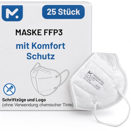 25 FFP3 Mund- und Nasenschutz Maske mit EC Zertifizierung, 5 Lagige Maske ohne Ventil, Staub- und Partikelschutzmaske, medizinische Schutzmaske mit hoher PFE-Filtereffizienz ≥ 99, 25 Atemschutzmaske