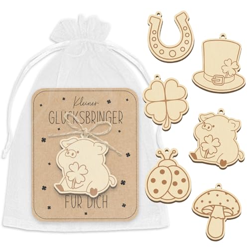 GluckGeschenk 12er Glücksbringer Silvester, Holz Neujahrsglücksbringer mit Rückkarte, Silvester Mitbringsel Neujahrsgeschenke für Familie, Freunde und Kollegen, um Glück und Segen zu übermitteln