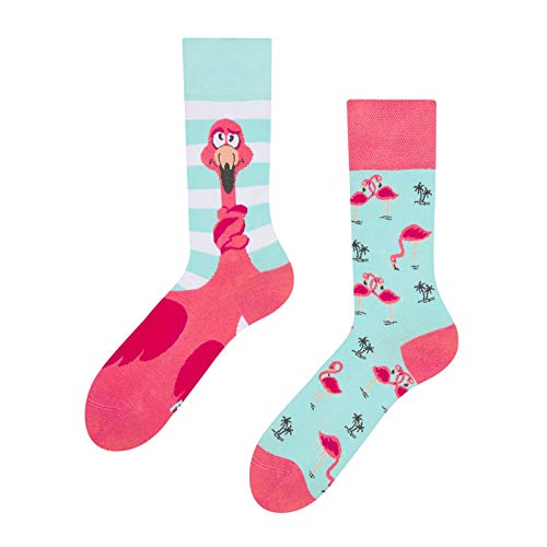 Dedoles Socken Unisex Damen Herren & Kinder Baumwolle viele lustige Designs 1 Paar Geschenk links rechts verschieden, Farbe Blau, Motiv Verwickelter Flamingo, Gr. 39-42