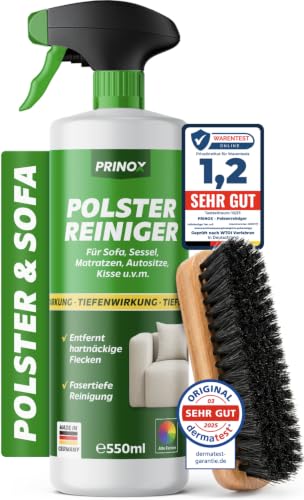 PRINOX Profi Polsterreiniger 550ml für Sofa, Auto, Sessel & Couch inkl. Bürste - Textilreiniger Konzentrat & Autositz Reiniger für alle Polstermöbel - Fleckenentferner Sofa aus Deutschland