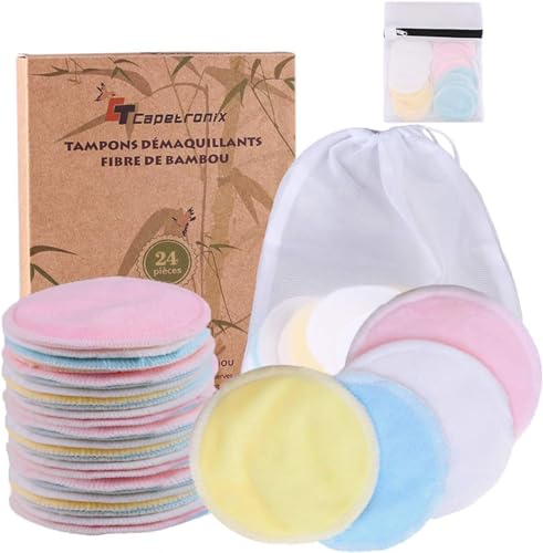 Reinigungspads aus Bambusfaser, waschbar, 24 Stück + 2 Waschbeutel, Material aus weicher Bambusfaser, waschbar und wiederverwendbar, antibakteriell, biologisch abbaubare Verpackung