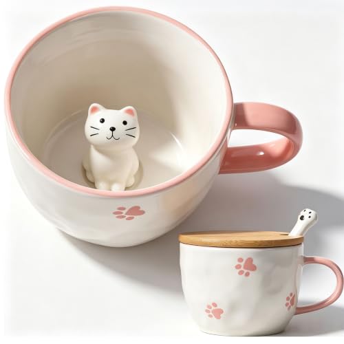 BigNoseDeer Süße Sachen Keramik Katze Kaffeetasse Teetasse Deckel Löffel Lustige Tassen Geschenke für Frauen Kaffeebecher 3D Tasse Personalisiert Cappuccino Tasse Beste Freundin Weihnachten Geschenk