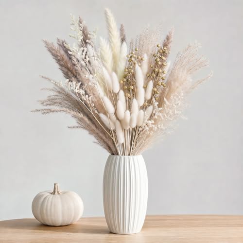 BOSONER Pampasgras Trockenblumen Boho Deko: 80-teiliges Trockenblumenstrauß Set mit natürlichen getrockneten Pampas Gras Plus Bunny-Tails für Schlafzimmer Deko und Home Decoration